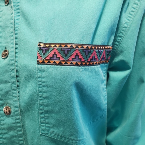 Vintage Nuovo Sz S Aztec Embellished Blue Cotton Cropped Button Up Shirt - Picture 2 of 13